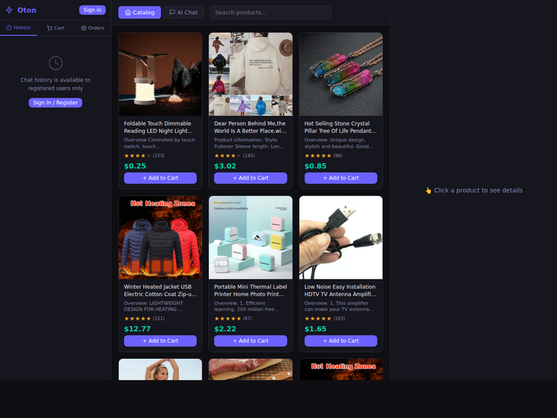 Chat.oton.shop — AI application for B2B dropshipping with product catalog and smart chat