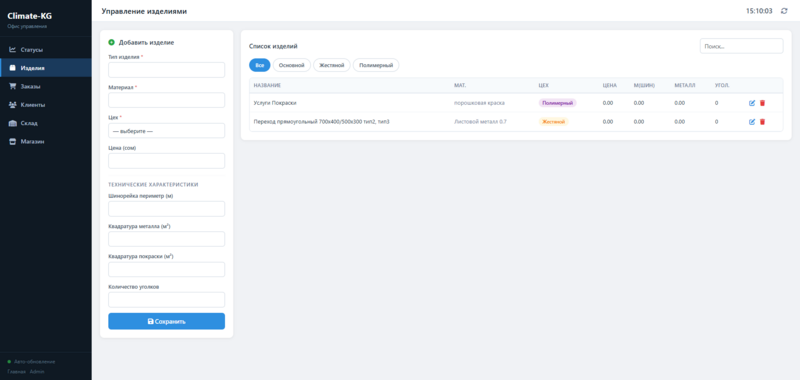 CRM system for product tracking at a metalwork plant — main dashboard